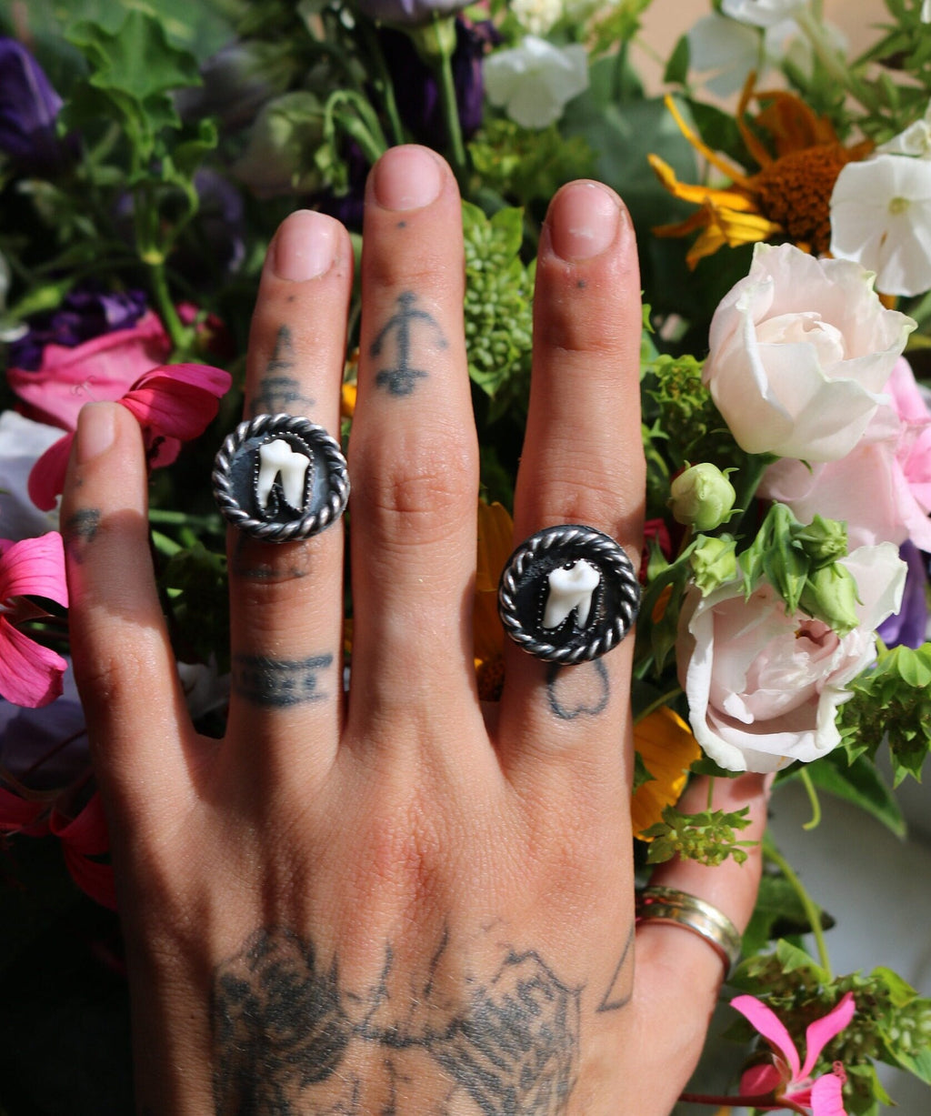 Fox Molar Tooth Sterling Silver Ring: Handmade Statement Jewelry